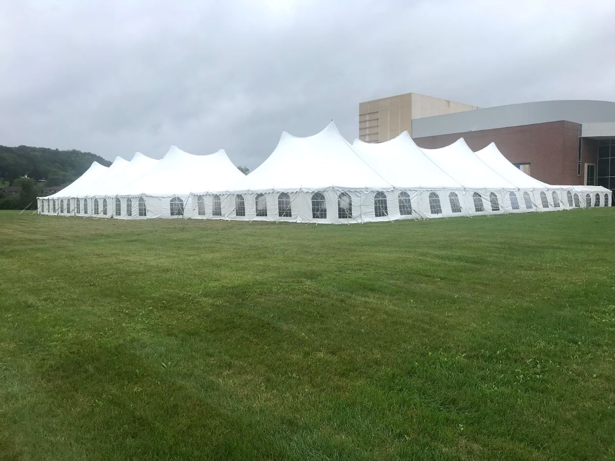 2-60x120 Century Twin Peak Pole Tents with 9x60 Marquee Entrance Tent